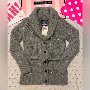 VS PINK VINTAGE Y2K LIMITED EDITION HAND KNIT WOOL CARDIGAN SWEATER GRAY BLING